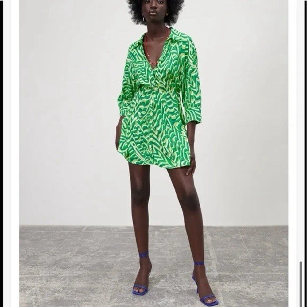 ZARA SS21 Printed Shirt Dress Green Dress 8111/484 Size S